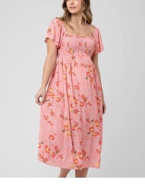 Ripe Maternity Pink Floral Smocked Midi Dress